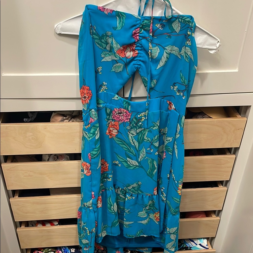 Express Tropical Floral Halter Dress in Teal